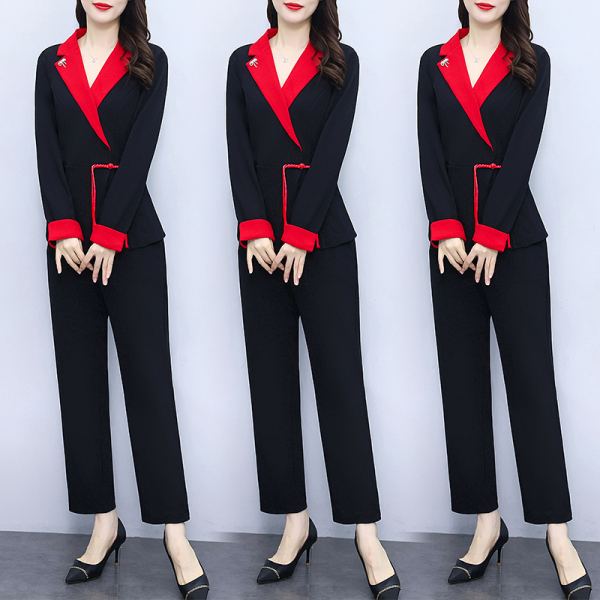 RM22484#网红新款时尚显瘦洋气修身女神范气质拼接西服领两件套装