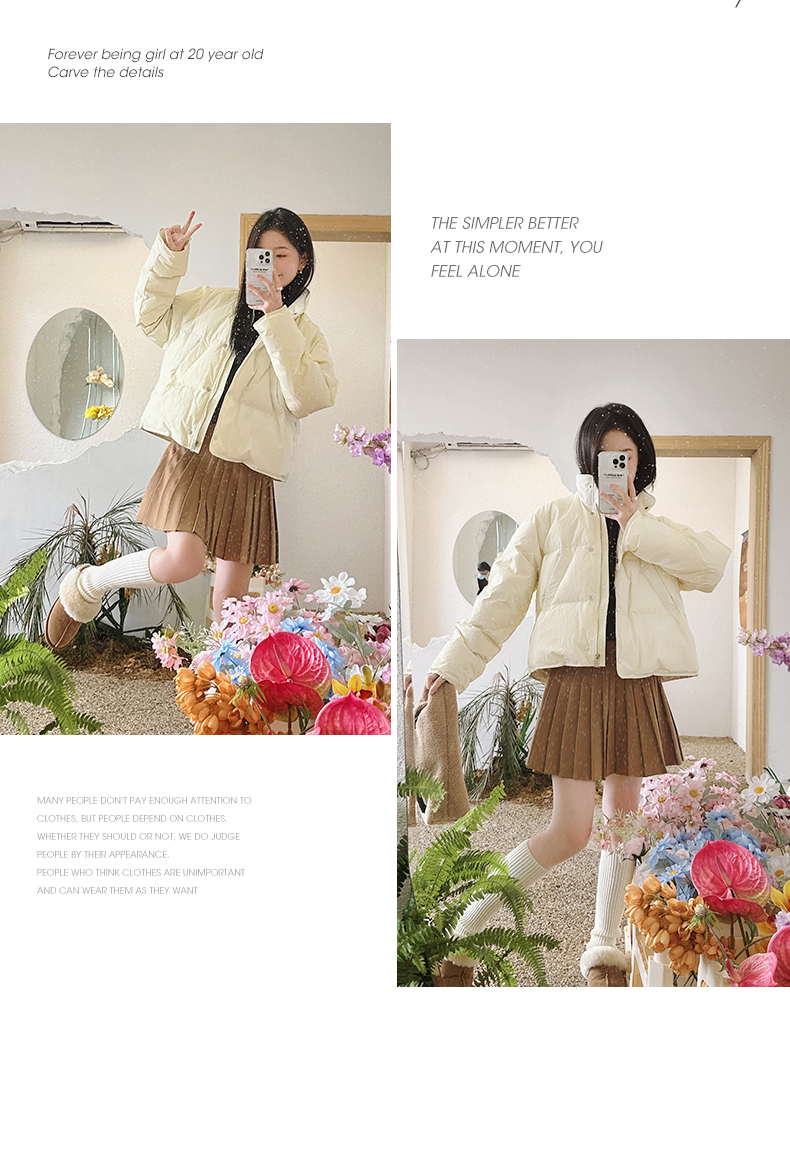 Sweet  version with creamy small design, down and cotton jacket, simple solid color, winter casual_voghion.com