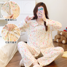 批发春秋新款加肥加大绉布孕妇哺乳月子服睡衣小兔乐园印花娃娃领套装