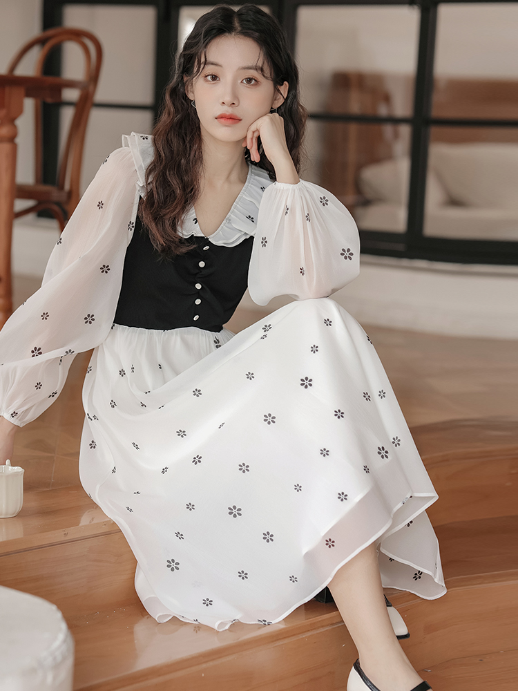 2026 프릴 칼라 패치워크 페이크 레이어드 품격 치마 작은 키 여성 긴 소매 쉬폰 드레스