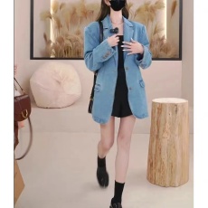 批发牛仔西装外套女美式复古高级感2023秋季新款垫肩中长款蓝色小西服