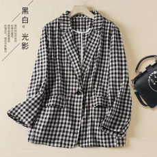 批发实拍2026春款百搭文艺风棉麻<b class='q'>西装</b>外套气质简约休闲格子开衫上衣