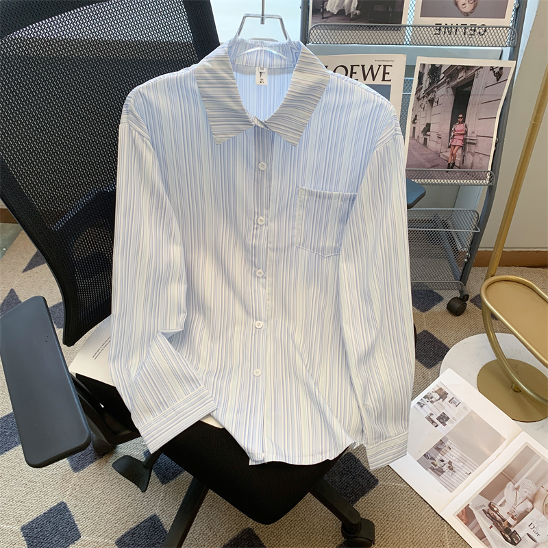 MY13996# 条纹衬衫女宽松复古休闲上衣长袖衬衣女裝貨源服裝批發