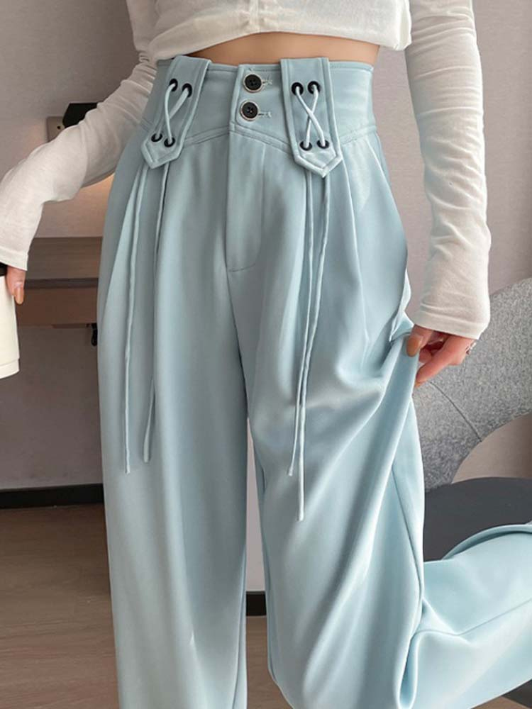 High-end suit trousers for women in spring and autumn new style straight-leg loose slimming design lace-up high-waisted wide-leg pants