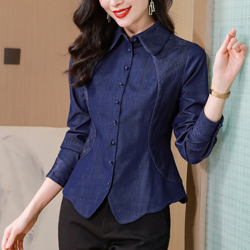 RY9122# 实拍设计感蓝色天丝牛仔衬衫秋装高级感蕾丝拼接女装改良中式修身