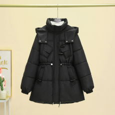 实拍2023韩版中长款羽绒棉服女加厚连帽收腰牛角扣时尚显瘦外套潮