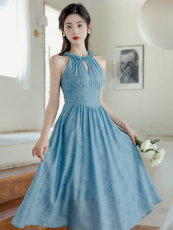 实拍现货  初秋甜美淑女花朵圆领蓝色优雅两件套裙子  +40！