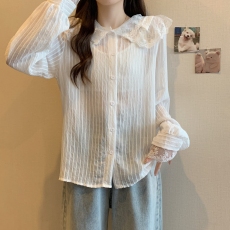 批发实拍2026春装超仙洋气上衣胖mm蕾丝花边娃娃领衬衫