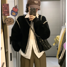 批发秋装大码复古设计感小众小个子夹克外套上衣黑色<b class='q'>棒球</b>服