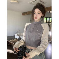 批发<b class='q'>韩版</b>学院风撞色立领女秋季宽松显瘦百搭插肩长袖针织卫衣休闲上衣