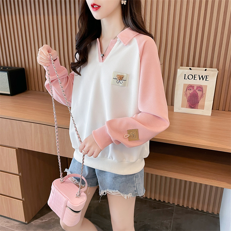 실사 260 그램 후아 남편 그리드 경기 350 그램 cvc 리브 이른 가을 작은 키 POLO 칼라 긴팔 후드티 여성