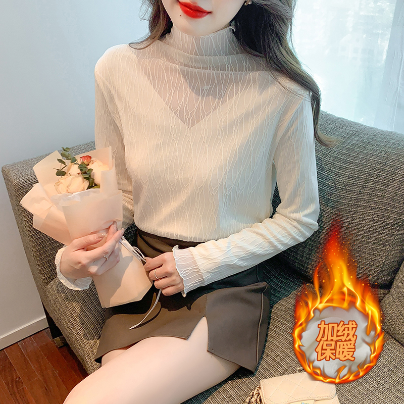 실사 2026 봄 새로운 한국 스타일 다용도 터틀넥 망사 패치워크 털이 있는 기본 셔츠 여성 셔츠 봄