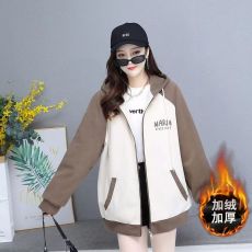 批发复合真超350克秋冬加绒卫衣拼接开衫大码宽松拉链外套连帽上衣