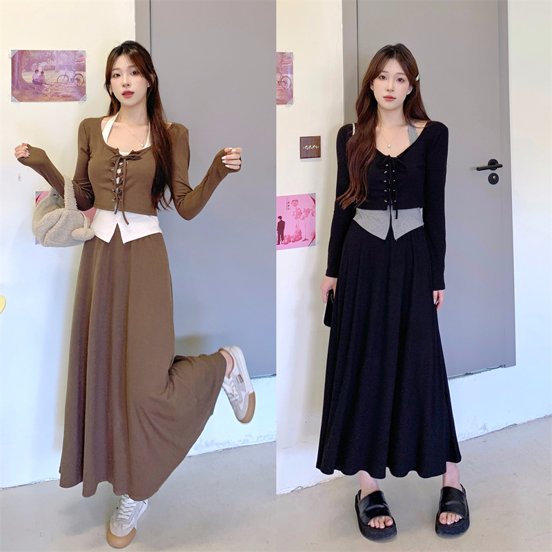 PF18616#大码修身显瘦套装裙女早春新款挂脖背心+系带小衫外套+高腰半身裙女裝貨源服裝批發