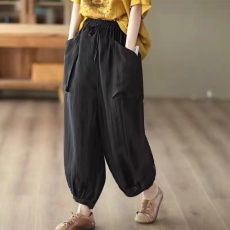 批发亚麻裤子女夏季新款大码<b class='q'>胖</b>mm<b class='q'>松紧腰</b>显瘦哈伦裤休闲文艺灯笼裤