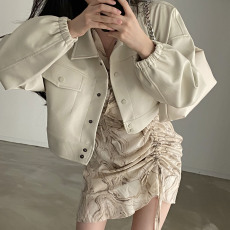 批发春款 韩系chic 翻领双口袋皮上衣 皮衣外套