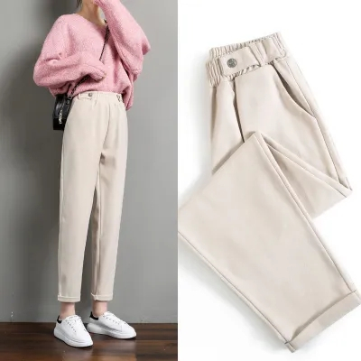 Autumn and winter woolen carrot pants for women, loose slimming straight casual pants, high-waisted harem pants, nine-point granny pants