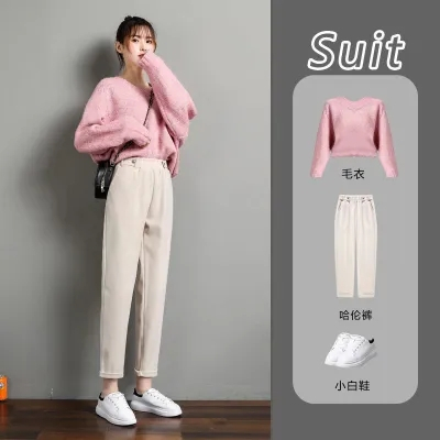 Autumn and winter woolen carrot pants for women, loose slimming straight casual pants, high-waisted harem pants, nine-point granny pants