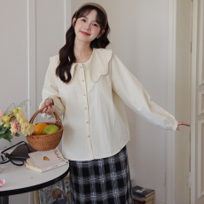 批发实拍2026年春季新款法式复古气质洗水纯棉宽松显瘦<b class='q'>娃娃领</b>正肩<b class='q'>衬衫</b>