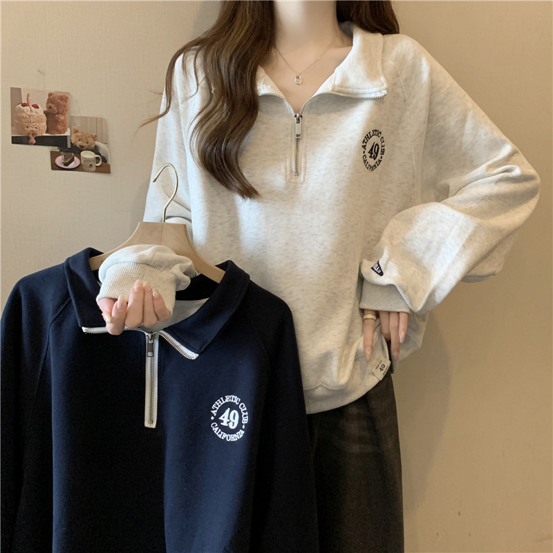 MY15087# 后包领食毛华棉复合牛奶丝薄款卫衣拉链POLO领上衣女女裝...