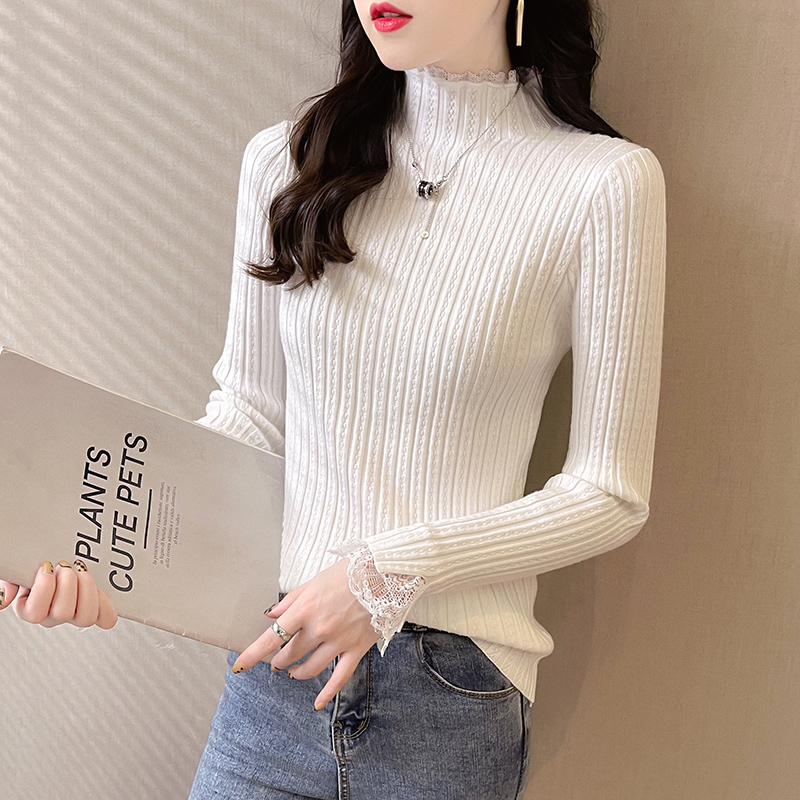 PF30203#半高领蕾丝长袖修身内搭针织衫女韩版百搭套头上衣女毛衣女裝貨...