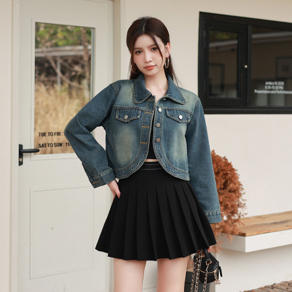 RM24309#韩版设计感小众长袖夹克上衣女秋季新款正肩小个子短款软牛仔外...