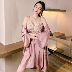 批发春<b class='q'>夏</b>性感睡衣女冰丝吊带睡裙睡袍两件套蕾丝低胸美背带胸垫家居服