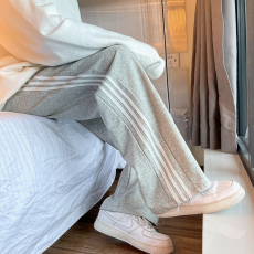 批发【薄款加绒】三条杠阔腿裤女夏季新款学生韩版宽松直筒休闲运动裤