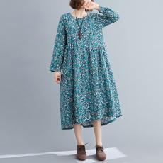 批发实拍春款宽松改良<b class='q'>旗袍</b>连衣裙盘扣亚麻中长裙碎花民族风棉麻连衣裙