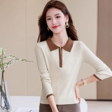 实拍秋冬短款Polo领拼色打底衫套头长袖显瘦翻领毛衣针织衫女