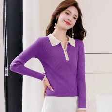 实拍秋冬短款Polo领拼色打底衫套头长袖显瘦翻领毛衣针织衫女