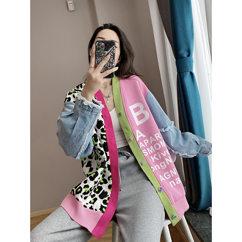 Fashionable leopard print knitted jacket autumn  new style spliced ​​denim short top for women European goods trendy European station