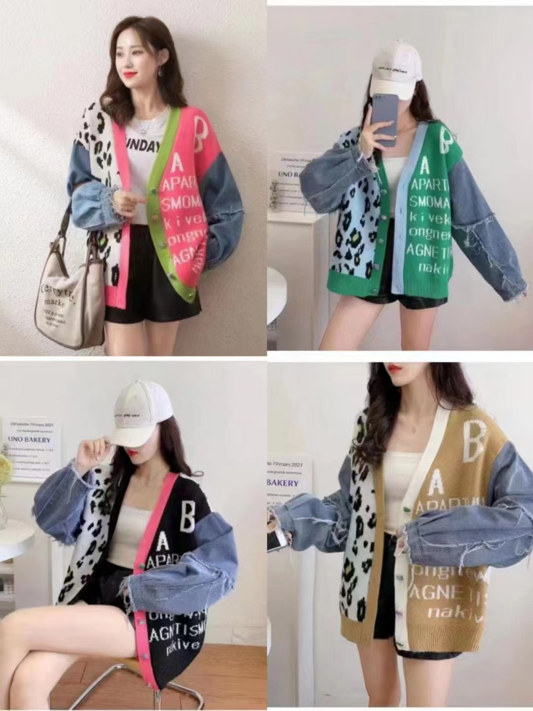 Fashionable leopard print knitted jacket autumn  new style spliced ​​denim short top for women European goods trendy European station