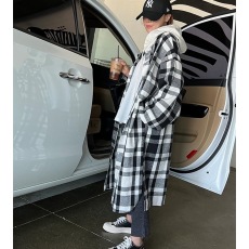 批发2023格子连帽宽松系扣长款衬衫加厚超长款呢料外套