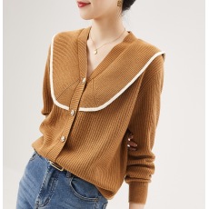 批发米家好品质撞色海军领羊毛秋甜美毛衣V领外套宽松针织衫开衫上衣