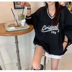 批发韩国ins  显瘦复古美式字母V领套头长袖卫衣