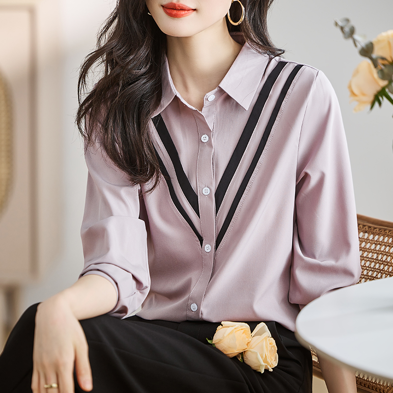 실사 외국 가스 봄 가을 새로운 여성 의류 폴로 칼라 패치워크 쉬폰 블라우스 맨위 오픈 가디건 여성 셔츠 기본 셔츠 셔츠