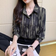 实拍 2023秋季新款设计感复古显瘦扎染印花条纹长袖衬衫
