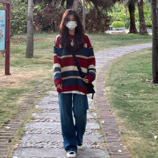 批发日系复古学院风穿搭套装宽松打底衫<b class='q'>条纹</b>针织毛衣外套牛仔裤三件套