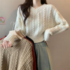 实拍实价 v领毛衣女设计感小众短款慵懒风宽松套头麻花针织衫上衣