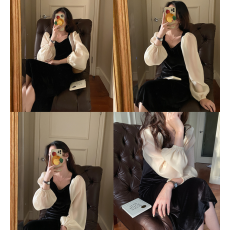 批发秋装新款金丝绒连衣裙法式方领泡泡袖<b class='q'>大码</b>女装连衣裙