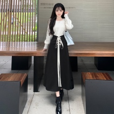 2023秋季新款大码女装法式茶歇两件套连衣裙内搭针织套装长裙收腰