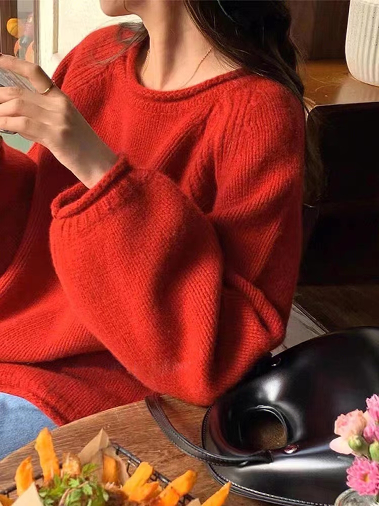 한국 스타일 볼륨 측면 부드러운 찹쌀 두꺼운 바늘 스웨터 여자 이른 가을 루즈핏 느긋한 바람 풀오버 니트 스웨터 맨위 두꺼운