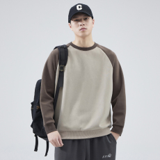 批发卫衣男秋冬插肩撞色拼接320G重磅插肩长袖圆领上衣2023长袖T恤男