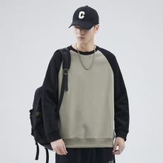 批发卫衣男秋冬插肩撞色拼接320G重磅插肩长袖圆领上衣2023长袖T恤男