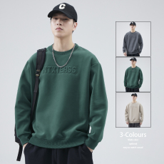 批发320G重磅卫衣男秋冬立体钢印花字母长袖圆领上衣2023长袖T恤男