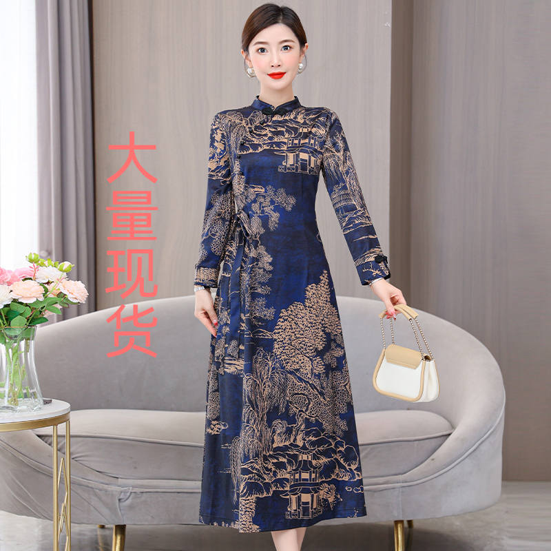 MY13333# 新款长袖缎面旗袍改良连衣裙女气质大码长裙女裝貨源服裝批發