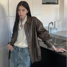 批发2026韩国美式复古棕色<b class='q'>机车</b><b class='q'>皮衣</b>外套女新款韩版皮夹克上衣