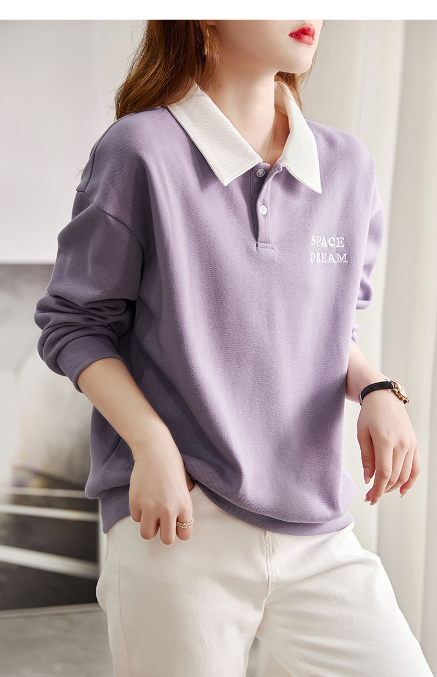 De 엄마 Na 2026 새로운 POLO 칼라 후드티 여성 가을 패션 외국 가스 고급 센스 얇은 스타일 보라색 유럽 상품 맨위