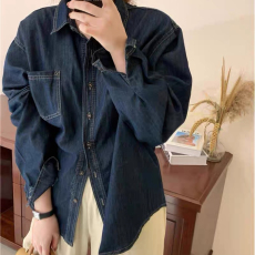 批发早秋季复古polo领单排扣洗水牛仔衬衫外套叠穿宽松百搭长袖上衣女
